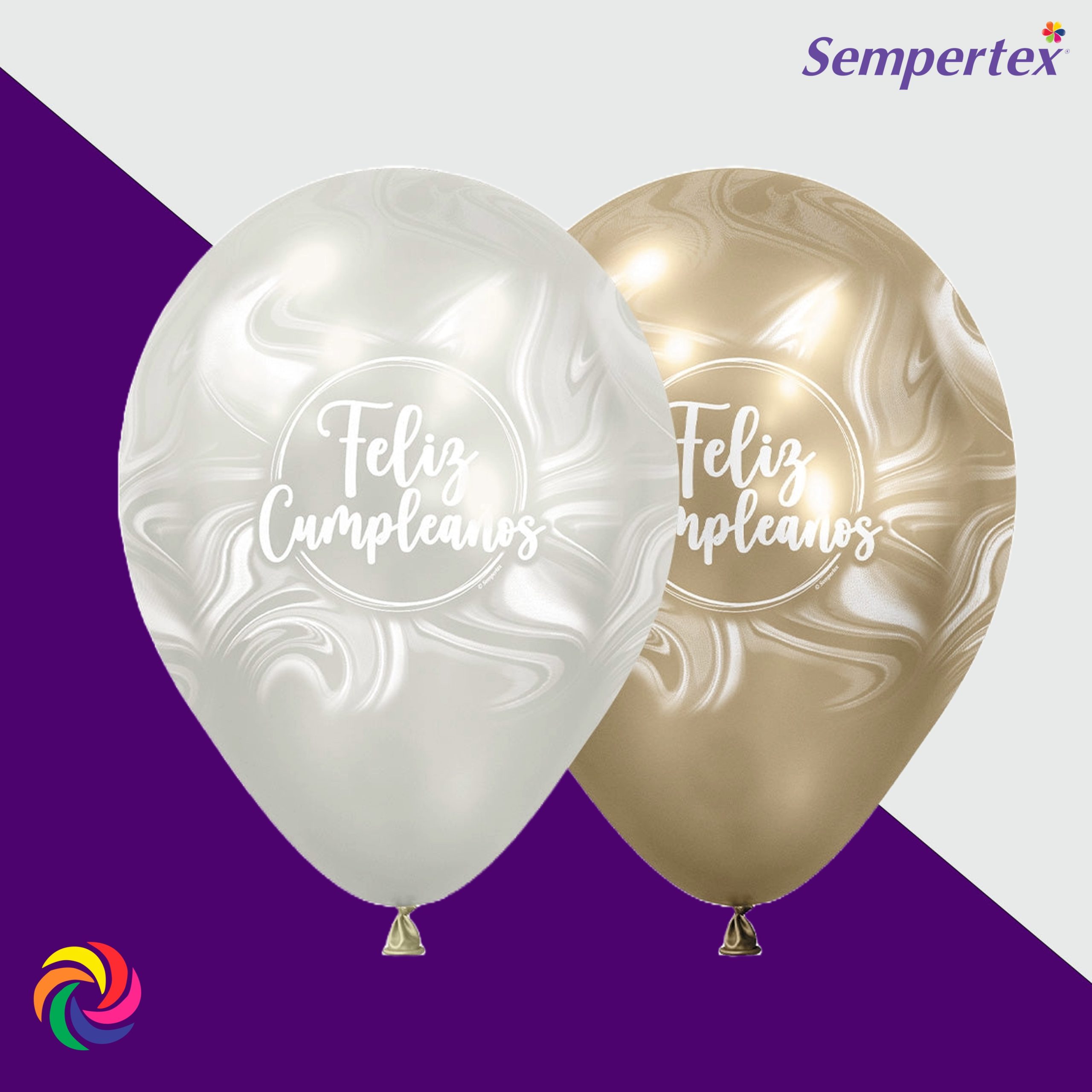 GLOBO R-12 SEMPERTEX INFINITY SILK FELIZ CUMPLEAÑOS MARBLE BLANCO-DORADO SURT X50